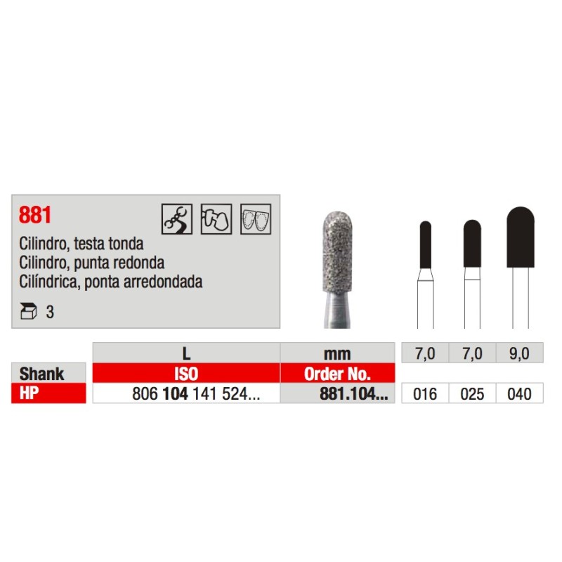 881 CILINDRO TONDA DIAMANTATA HP 3PZ EDENTA